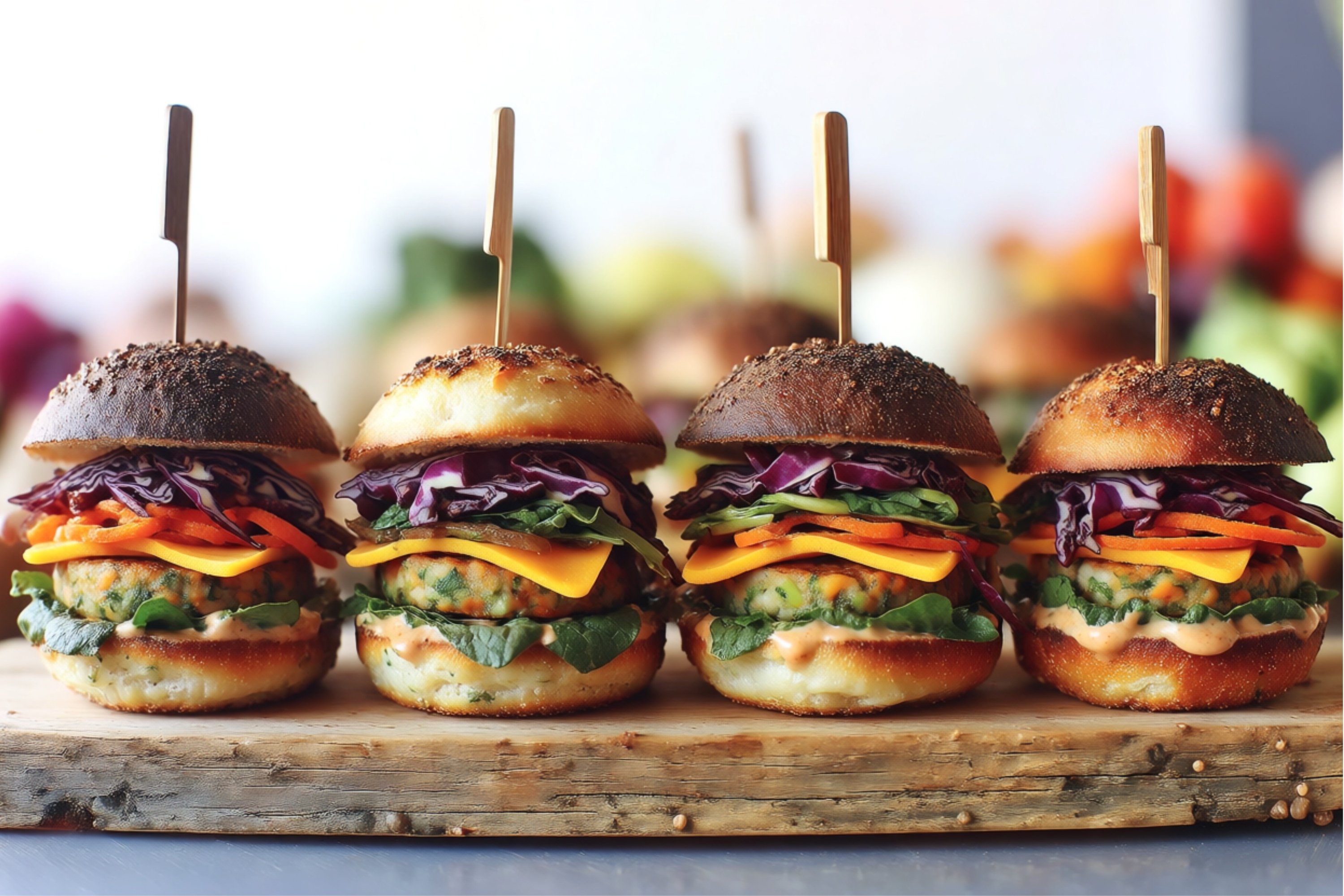 Mini Veggie Burgers on Wooden Board
