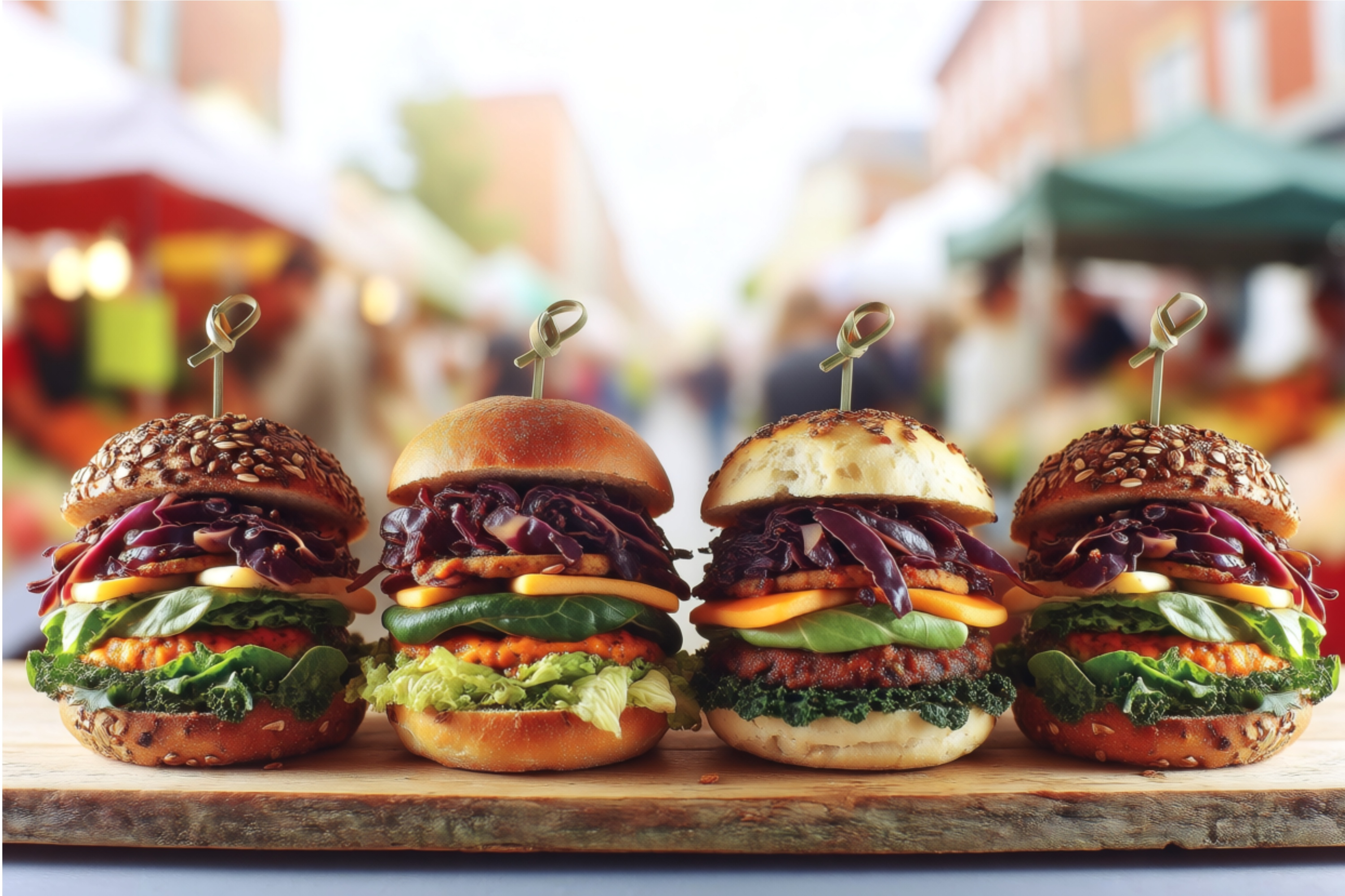 Assorted Veggie Burgers on Wooden Table