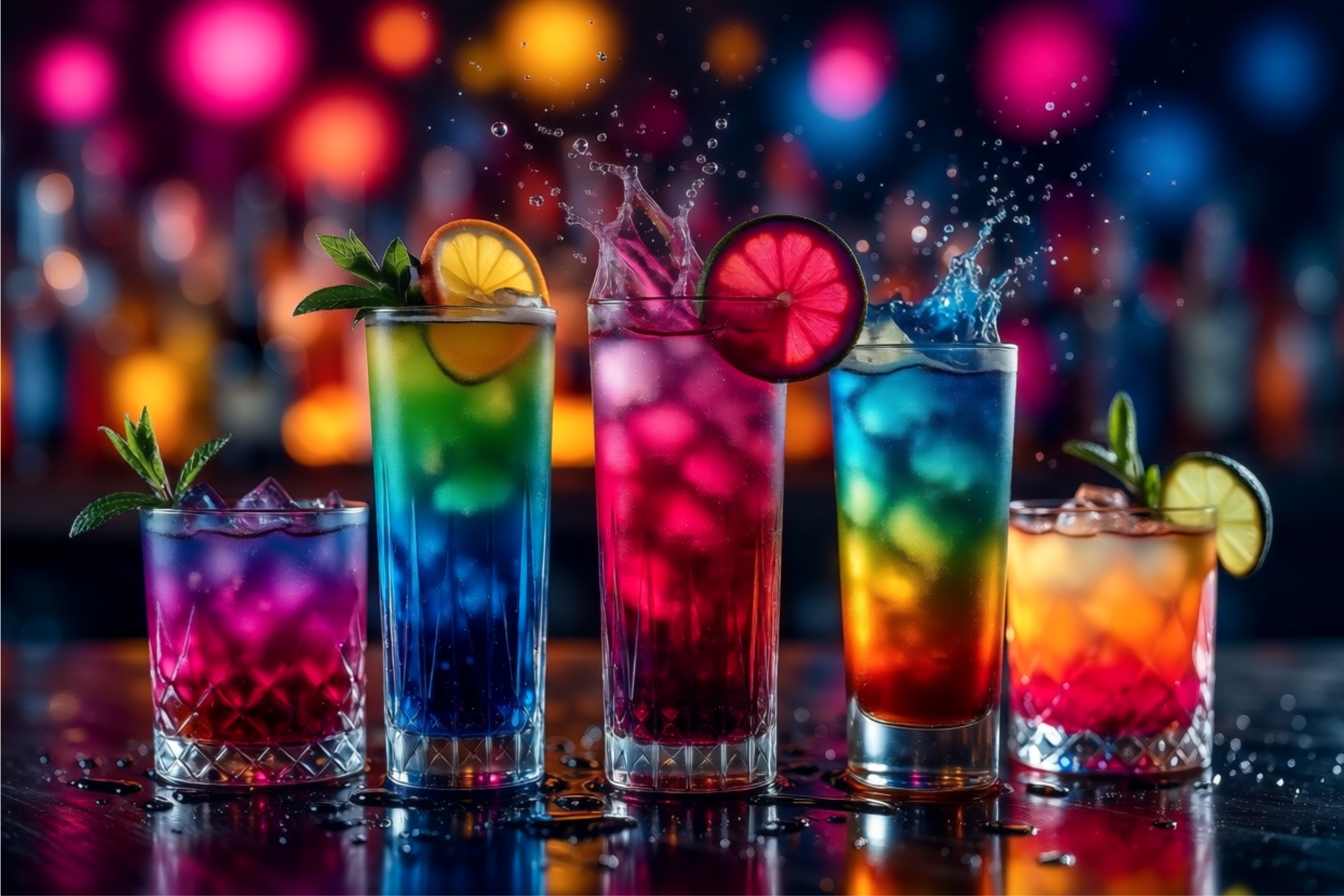 Rainbow Cocktail Drinks in Night Bar