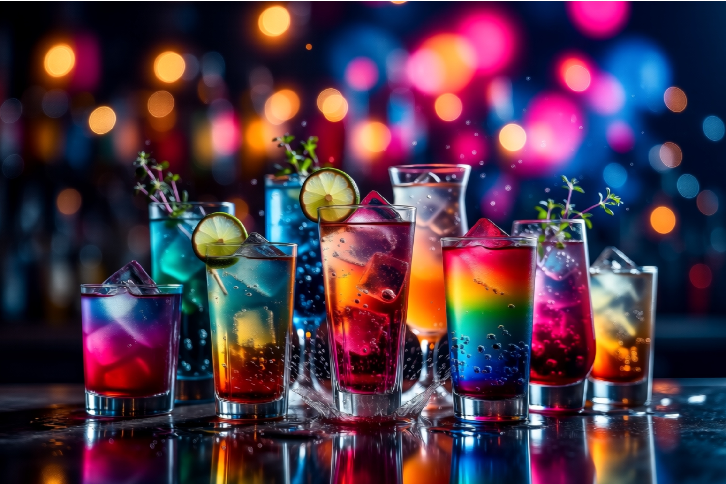 Colorful Mixed Drinks on Bar Table