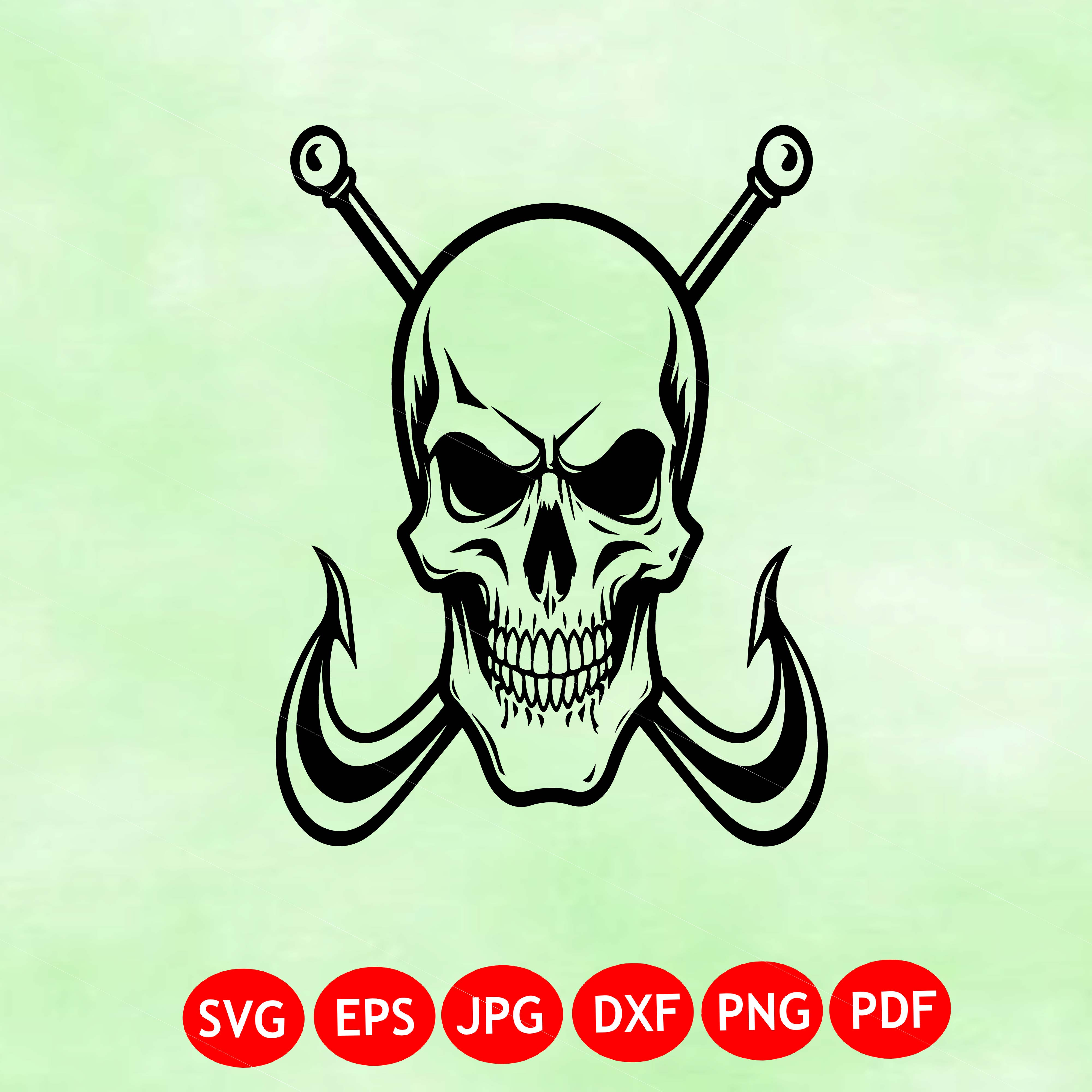 Skull With Crossed Fishing Hooks Svg, Pirate Fishing Skull Clipart, Fisherman Skull Logo, Fishing T Shirt Design